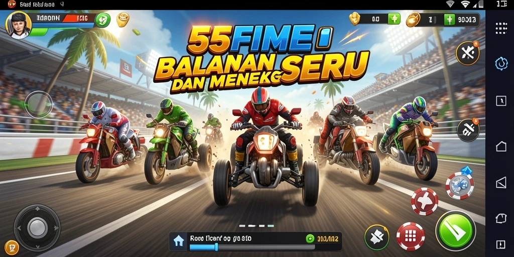 Tangkapan layar game 55FIVE menampilkan aksi balapan yang mendebarkan.