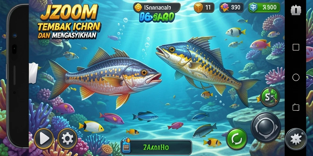 Screenshot gameplay J200M menampilkan aksi menembak ikan yang seru.